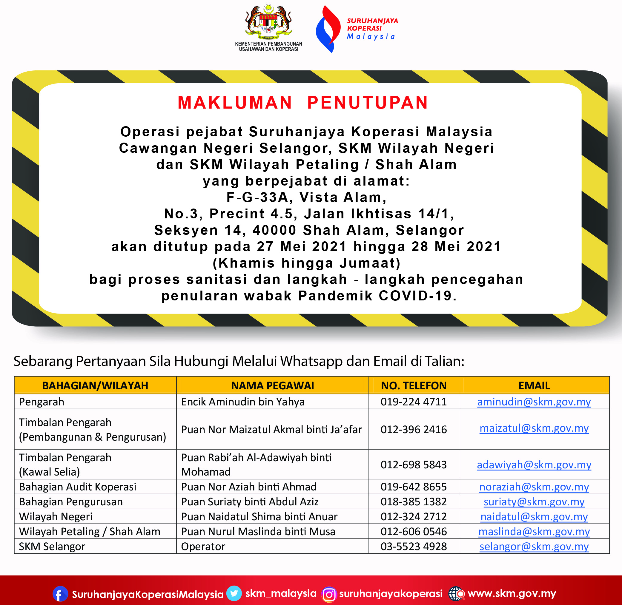 makluman penutupan selangor mei